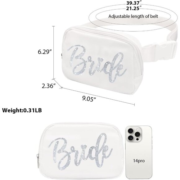 Elegant White Bride Fanny Pack with Silver Glitter Lettering, Water-Resistant Ny - Picture 2 of 6